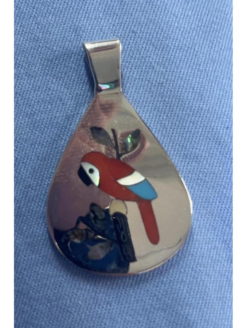 Zuni coral, mother of pearl parrot inlay sterling silver pendant -Edaakie